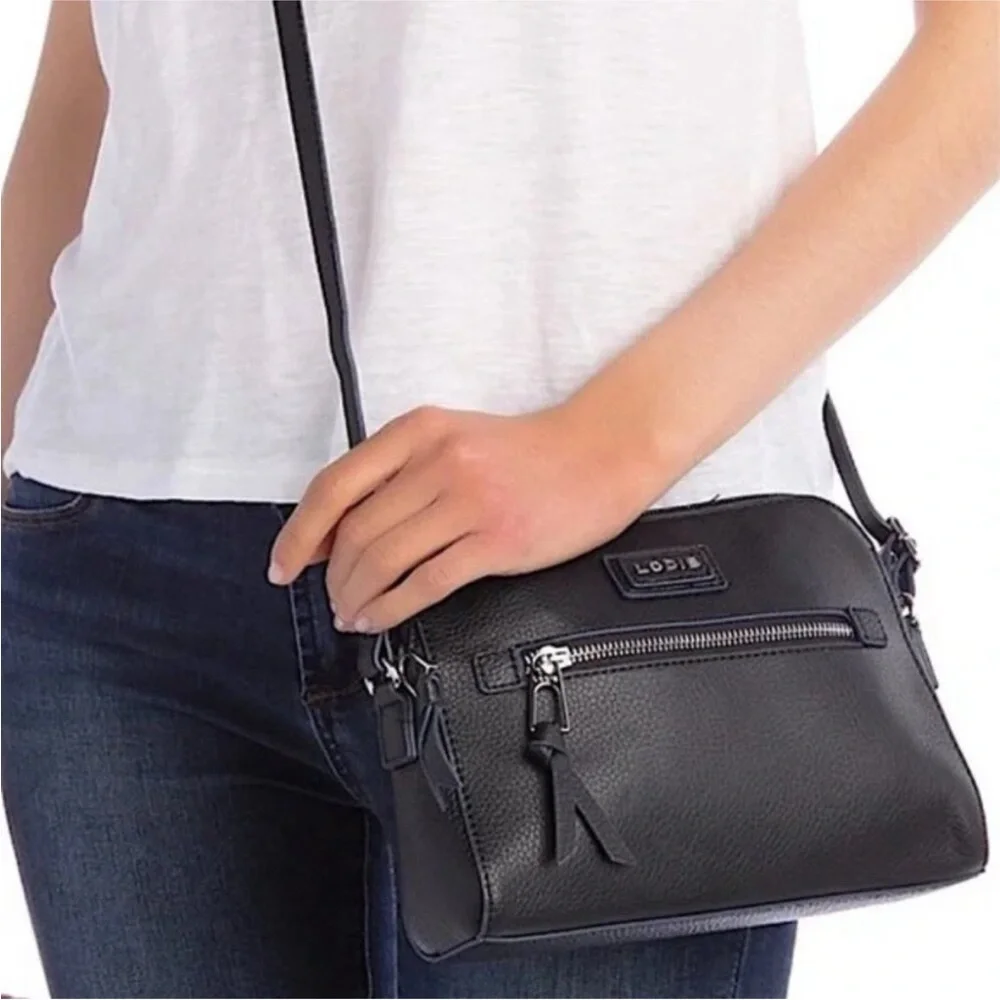 Lodis CHARLOTTE Black genuine pebble leather Crossbody Bag zipper closure
